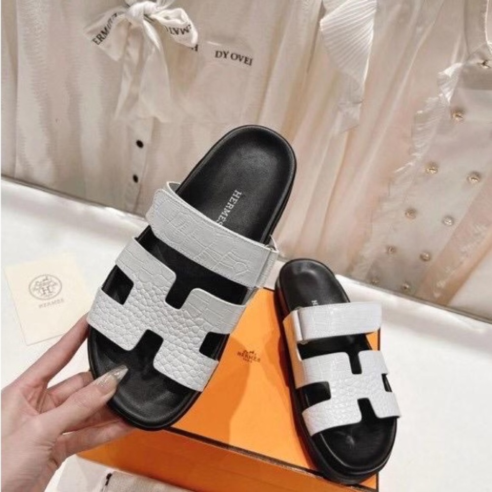 White Matte Alligator Hermes Chypre Sandals